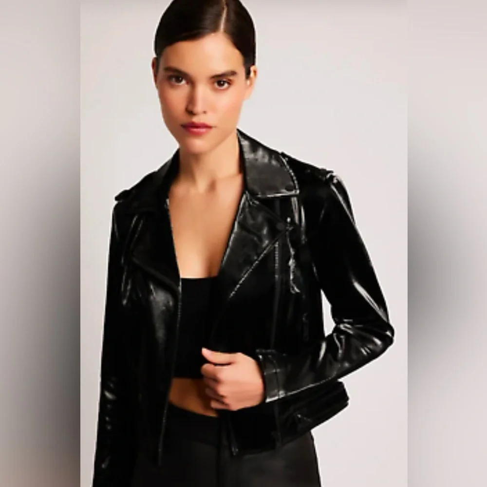 Topshop Women's Black 100% Polyester Cropped Biker Jacket Ladies Zipper Pocket - Picture 12 of 12